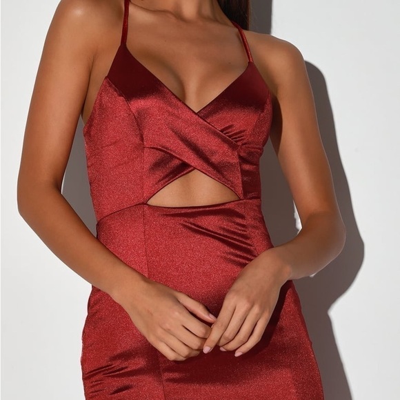 LULU’S Destined Love Wine Red Satin Backless Cutout Mermaid Maxi Dress - Picture 2 of 4